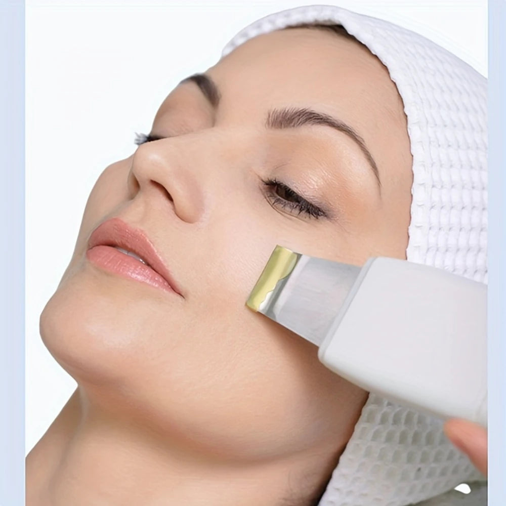 Woman using at-home facial device for glowing skin care routine