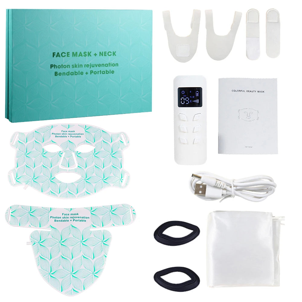 Portable photon skin rejuvenation face and neck mask kit with remote, USB cable, and storage pouch