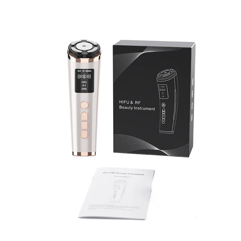 HIFU RF beauty device with display, packaging, and manual for at-home skincare treatments
