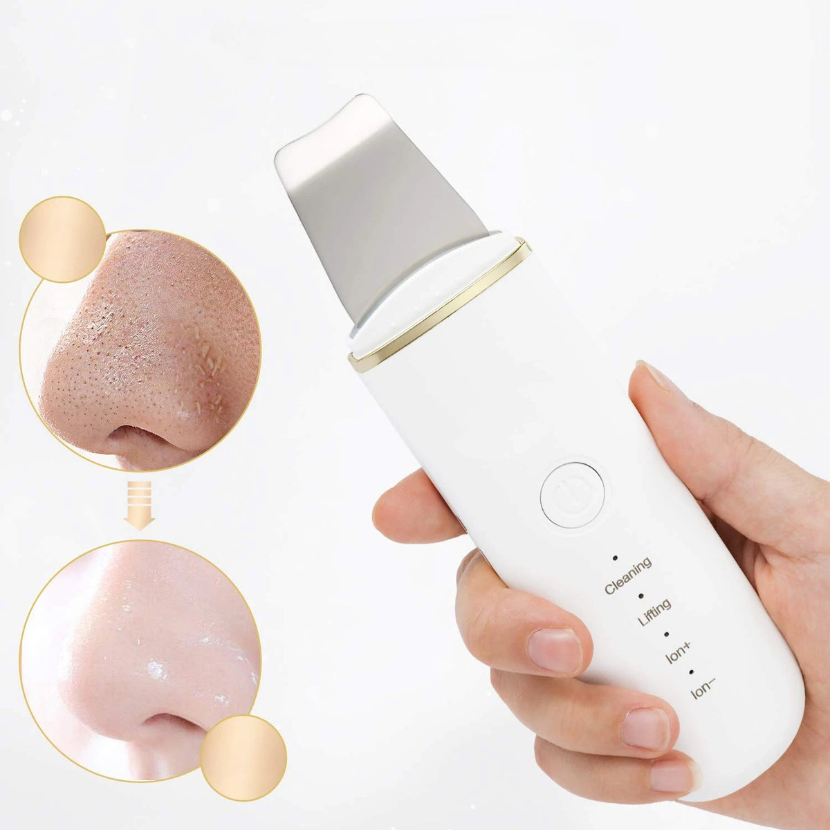 Hand holding white facial cleansing device with gold trim, showing before/after nose pore cleaning results