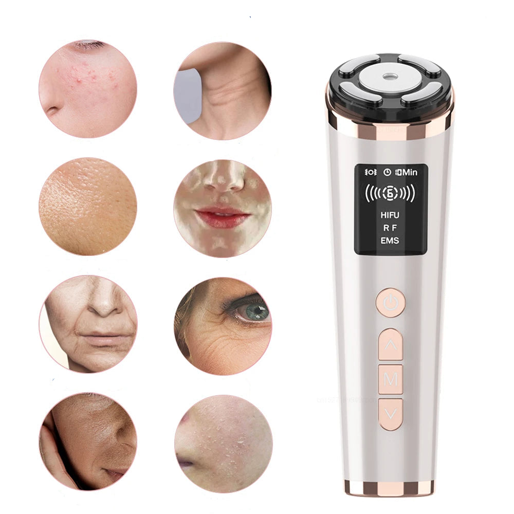 At-home skincare device for acne, wrinkles, dry skin & pores with HIFU RF EMS tech