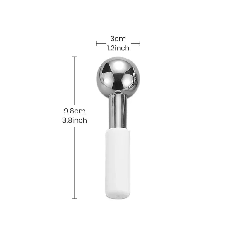 Stainless steel facial roller with white handle, 9.8cm long, for at-home skincare routines