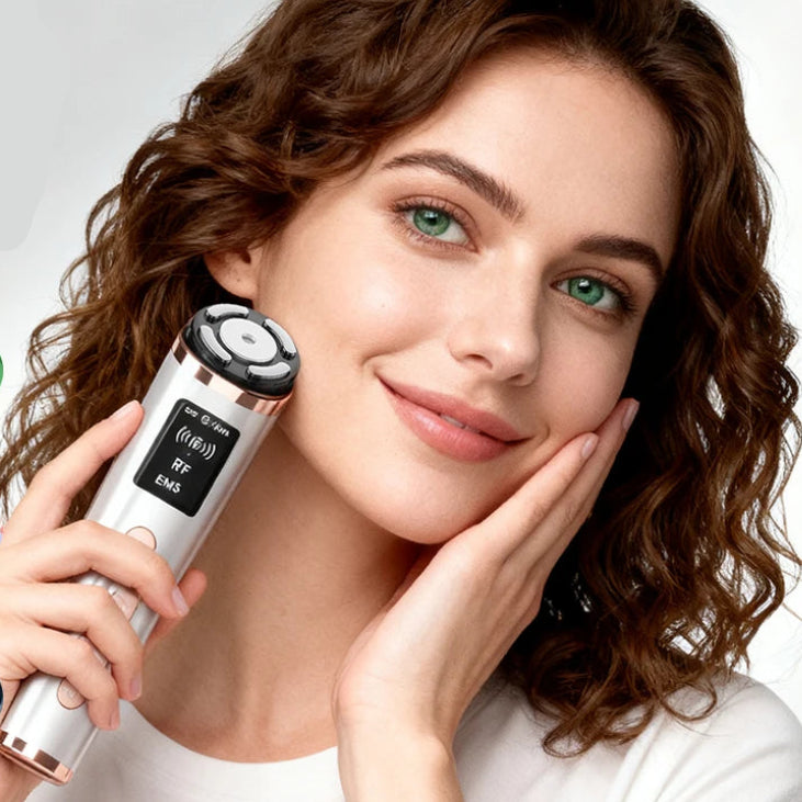 Woman using RF EMS facial device for at-home skincare routine, glowing skin, gentle facial massage