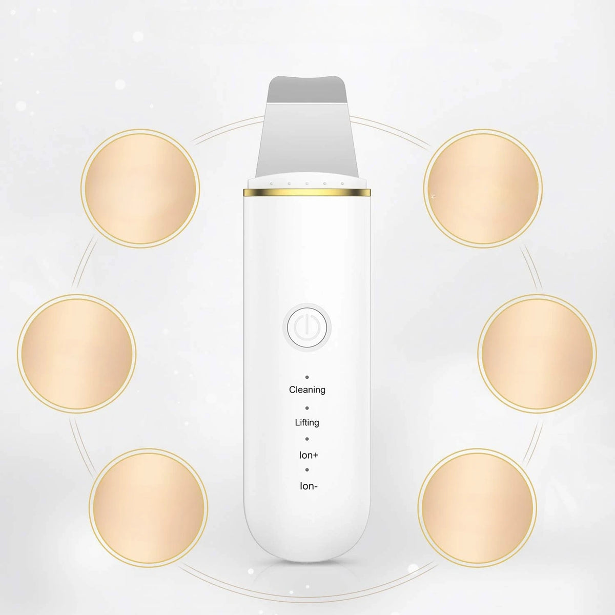 White facial cleansing and lifting device with ion modes, surrounded by golden circles on soft background