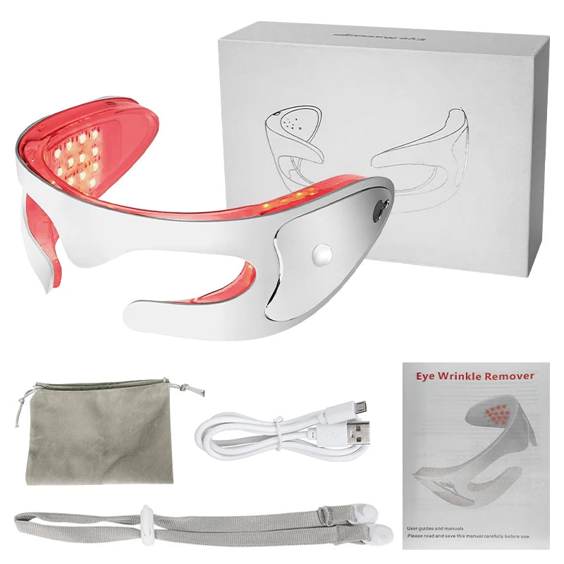 Red LED eye wrinkle remover device with charging cable, storage pouch, and manual for at-home skincare