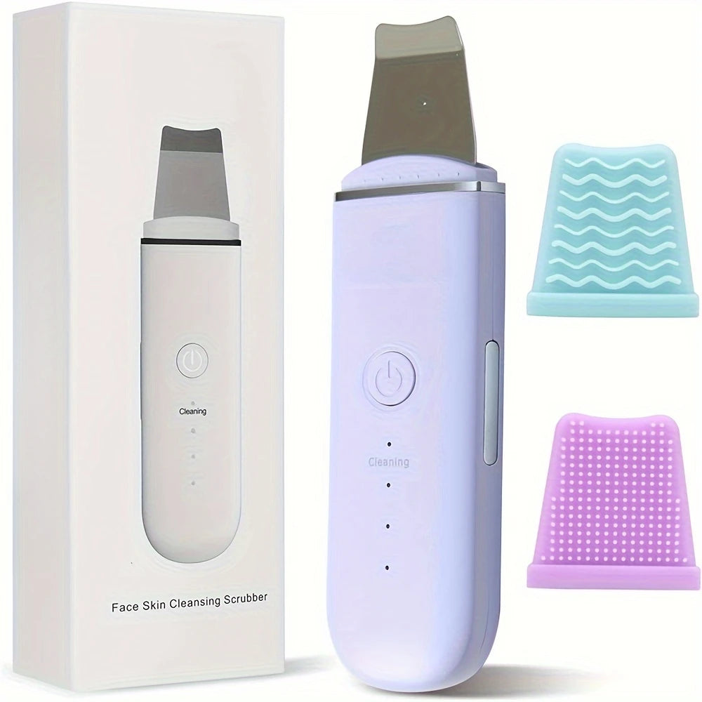 Face skin cleansing scrubber with interchangeable silicone heads for gentle exfoliation and deep cleaning