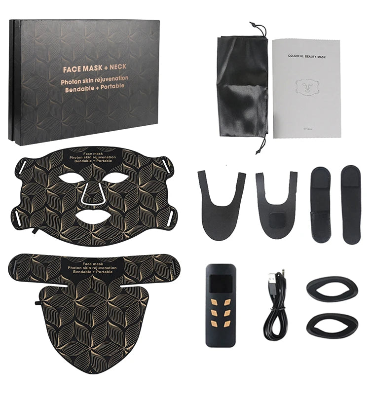 Portable photon skin rejuvenation face and neck mask set with remote, USB cable, and storage pouch