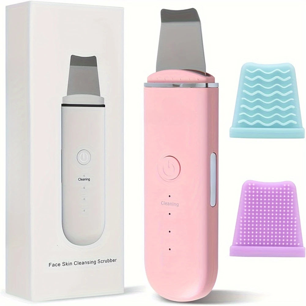 Pink face skin cleansing scrubber with interchangeable silicone heads and white packaging